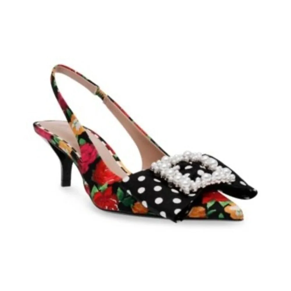 Betsey Johnson Floral Polka Dot Pearl Bow Slingback Kitten Heel Pumps Womens 8M